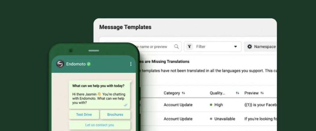Exemple of a whatsapp business cover and dashboard with message templates.