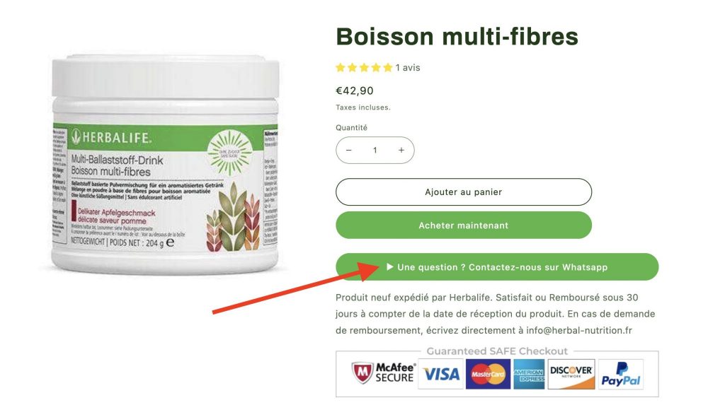 Un bouton Whatsapp a été généré et intégré sur une page de boutique shopify pour permettre aux clients de contacter la marque.