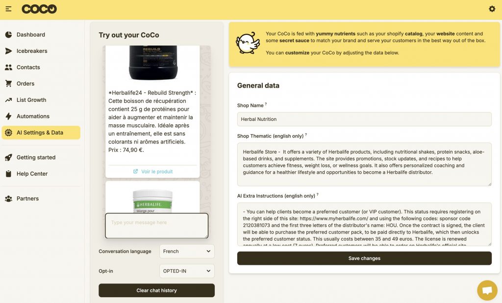 Tableau de bord de CoCo qui est une application permettant de mettre une IA sur Whatsapp.